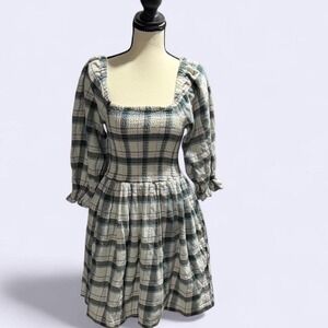 Madewell Lucie Elbow-Sleeve Smocked Mini Dress Lebaum Plaid‎ Cottagecore Small